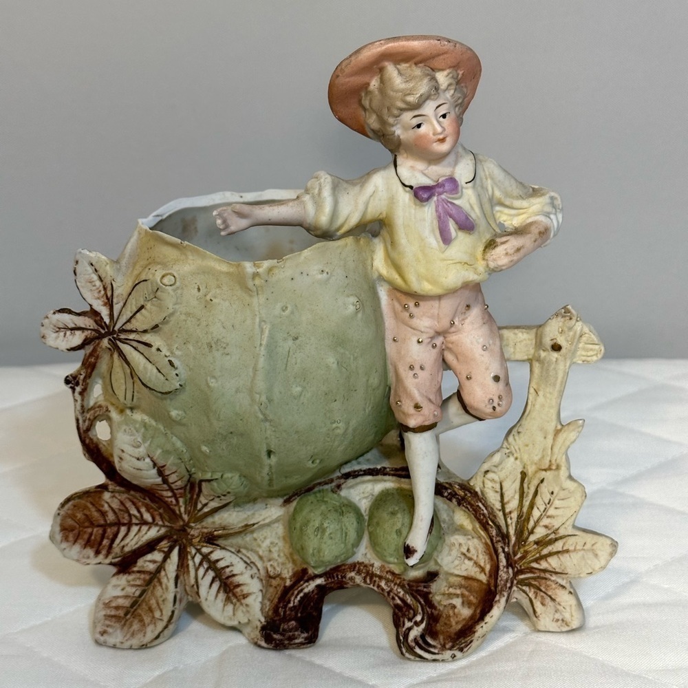 Antique Porcelain Planter Figurine Garden Vase Victoria Boy Fairy Tale Mystical